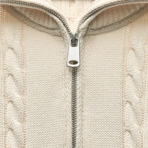 ZARA Women’s Cream Cotton Cable-knit Polo Dad Sweater with Zip Collar | XL NWT - Picture 9 of 13